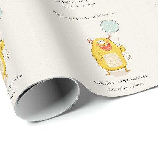 Cute Little Aqua Yellow Happy Monster Baby shower Cadeaupapier (Rol Hoek)