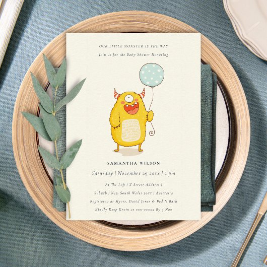 Cute Little Aqua Yellow Monster Baby shower Invite Bedankkaart
