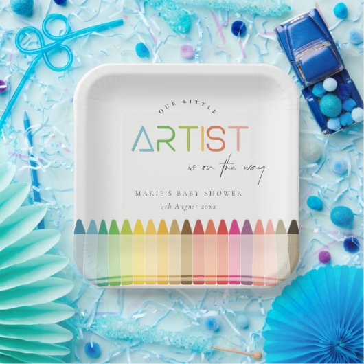 Cute Little Artist Crayon Fun Rainbow Baby shower Papieren Bordje (Feest)