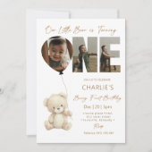Cute Little Bear Neutral with Photo 1st Birthday  Kaart (Voorkant)