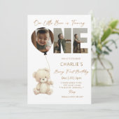 Cute Little Bear Neutral with Photo 1st Birthday  Kaart (Staand voorkant)