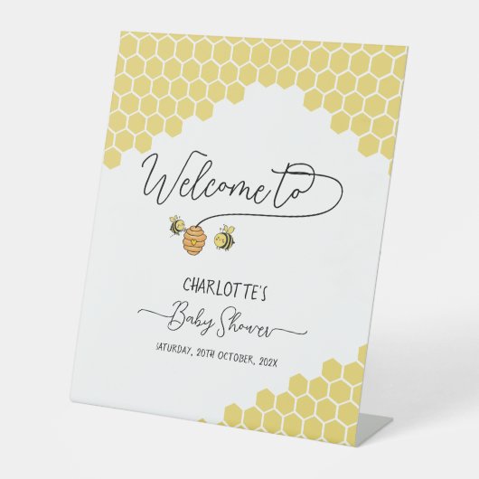 Cute Little Bees Honingraat Baby Shower Welkom Reclamebord Met Voetstuk (Voorkant)