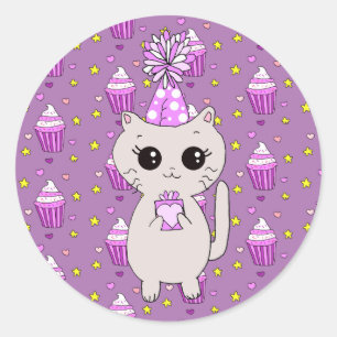 Cute Little Birthday Cat Paars Ronde Sticker