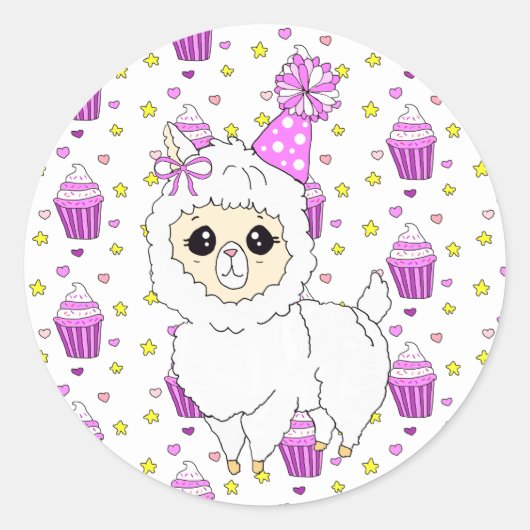 Cute Little Birthday Llama Paars Ronde Sticker (Voorkant)