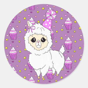 Cute Little Birthday Llama Paars Ronde Sticker