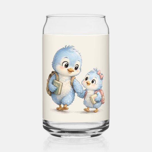 Cute Little Blue Bird Siblings Glas Drinkset (Voorkant)