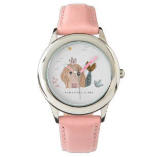 Cute Little Blush Zee Mermaid Waterverf Girl Horloge