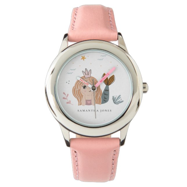 Cute Little Blush Zee Mermaid Waterverf Girl Horloge (Voorkant)
