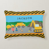 Cute Little Boy Construction Vehicle Monogrammed Accent Kussen (Voorkant)