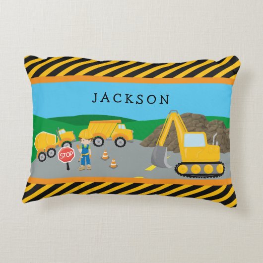 Cute Little Boy Construction Vehicle Monogrammed Accent Kussen (Achterkant)