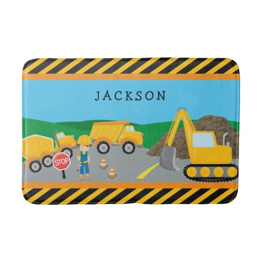 Cute Little Boy Construction Vehicle Monogrammed Badmat (Voorkant)