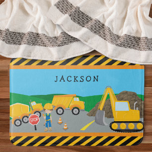 Cute Little Boy Construction Vehicle Monogrammed Badmat