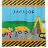 Cute Little Boy Construction Vehicle Monogrammed Douchegordijn (Voorkant)