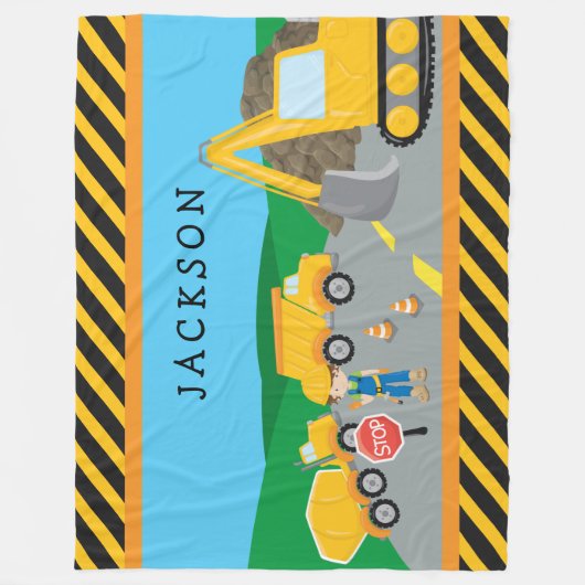 Cute Little Boy Construction Vehicle Monogrammed Fleece Deken (Voorkant)