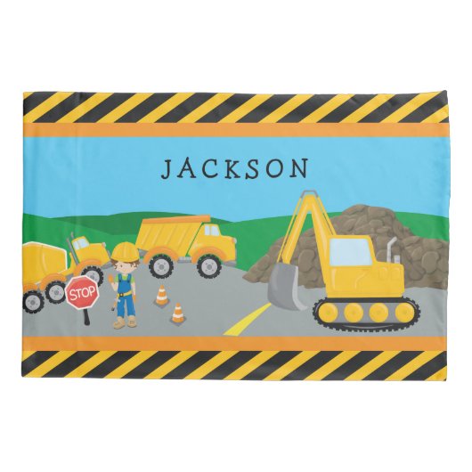 Cute Little Boy Construction Vehicle Monogrammed Kussensloop (Achterkant)