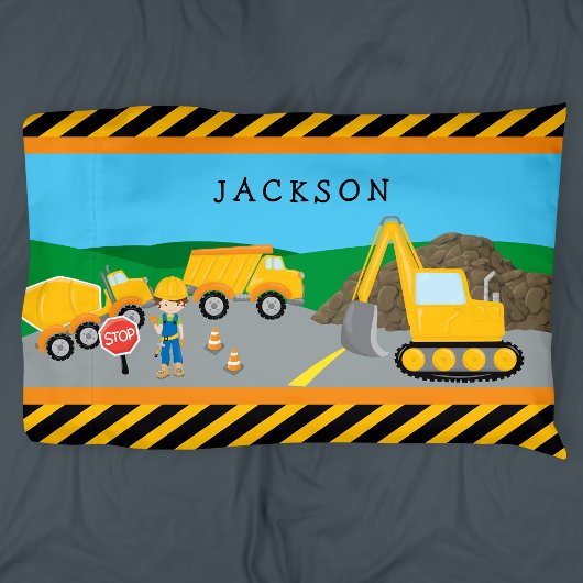 Cute Little Boy Construction Vehicle Monogrammed Kussensloop