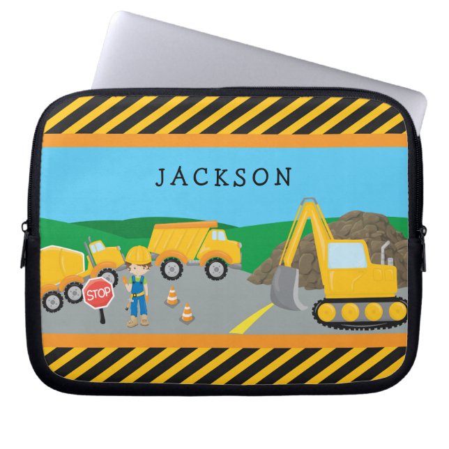 Cute Little Boy Construction Vehicle Monogrammed Laptop Sleeve (Voorkant)