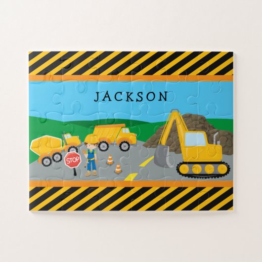 Cute Little Boy Construction Vehicle Monogrammed Legpuzzel (Horizontaal)