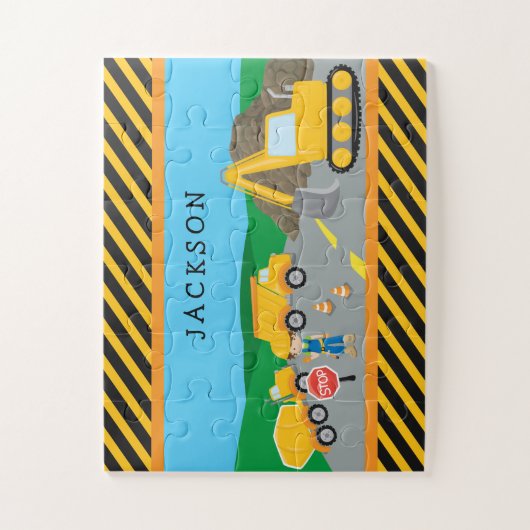 Cute Little Boy Construction Vehicle Monogrammed Legpuzzel (Verticaal)