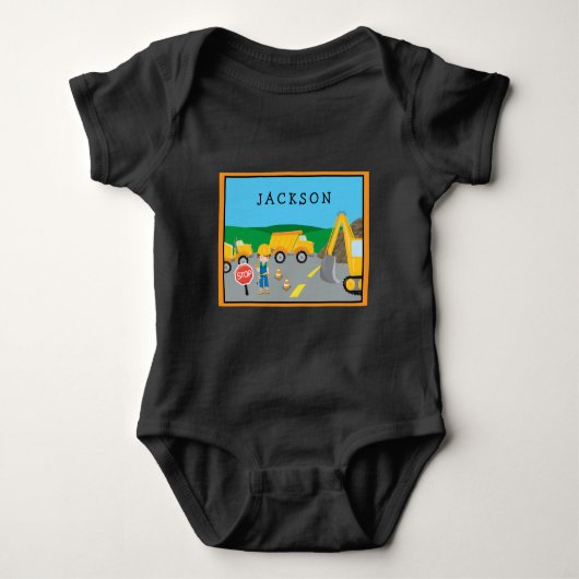 Cute Little Boy Construction Vehicle Monogrammed Romper (Voorkant)