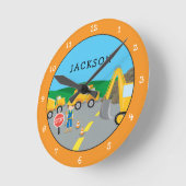 Cute Little Boy Construction Vehicle Monogrammed Ronde Klok (Hoek)