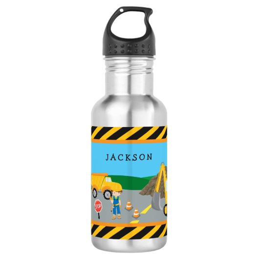 Cute Little Boy Construction Vehicle Monogrammed Waterfles (Voorkant)