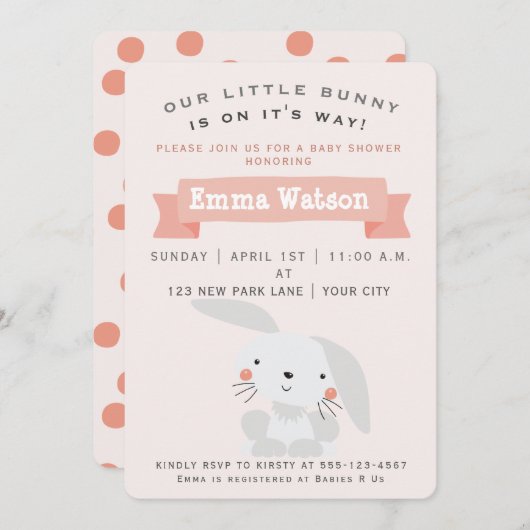Cute Little Bunny - Baby shower Invitation Kaart (Voorkant / Achterkant)
