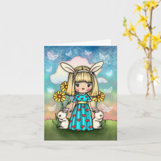 Cute Little Bunny Girl with Bunnies Fantasy Art Kaart (Gele Bloem)