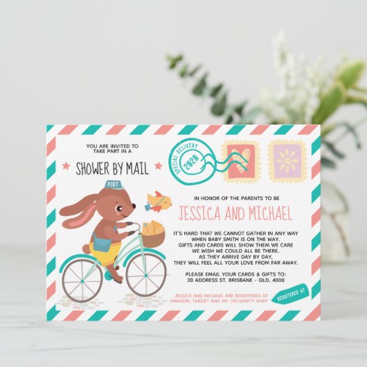Cute Little Bunny Postman | Baby shower per post Kaart (Staand voorkant)