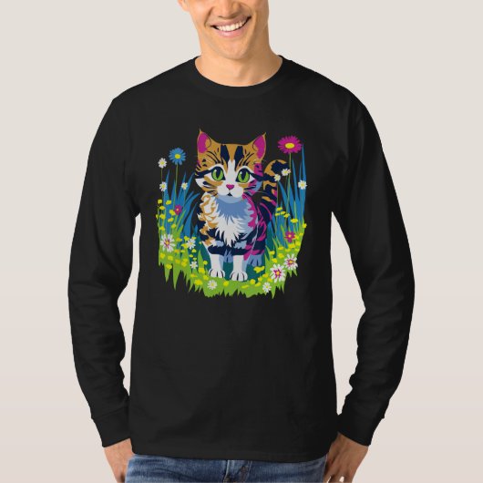 Cute Little Cat Animal and Flowers T-shirt (Voorkant)