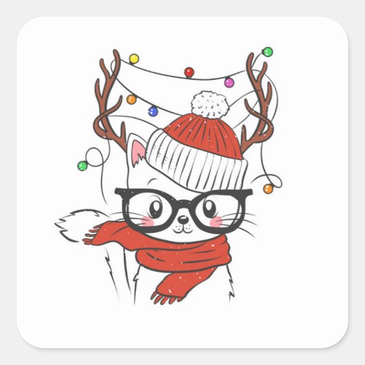 Cute little cat with deer horns vierkante sticker (Voorkant)