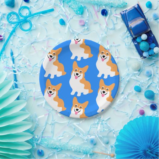 Cute Little Corgi Pattern Blue Custom Papieren Bordje (Feest)