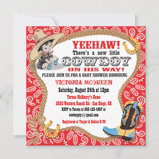 Cute Little Cowboy Baby shower Invitation Kaart (Voorkant)
