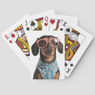 Cute Little Dachshund With Red Glasses Pokerkaarten