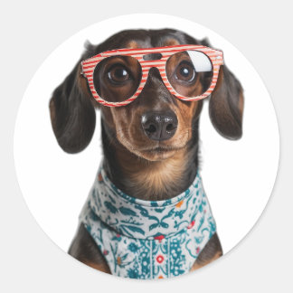 Cute Little Dachshund With Red Glasses Ronde Sticker