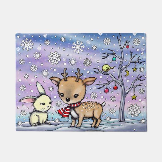 Cute Little Deer en Bunny Illustrated Art Deurmat (Voorkant)