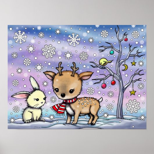 Cute Little Deer en Bunny Illustrated Art Poster (Voorkant)