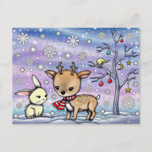 Cute Little Deer en Konijn Geïllustreerde Kunst Briefkaart
