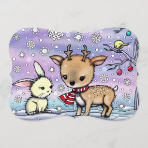 Cute Little Deer en Konijn Geïllustreerde Kunst Kaart