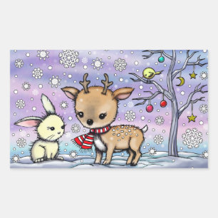 Cute Little Deer en Konijn Geïllustreerde Kunst Rechthoekige Sticker