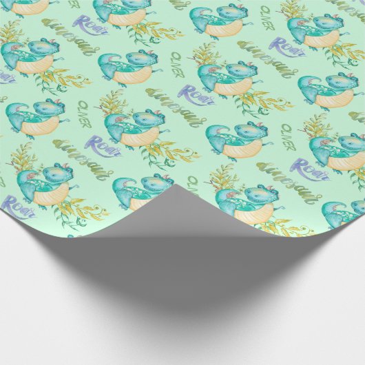 Cute Little Dinosaur Personalized Cadeaupapier (Hoek)