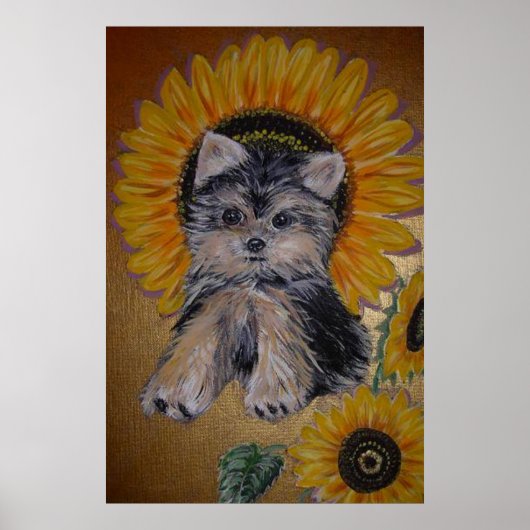 Cute Little Dog en Sunflower Poster (Voorkant)