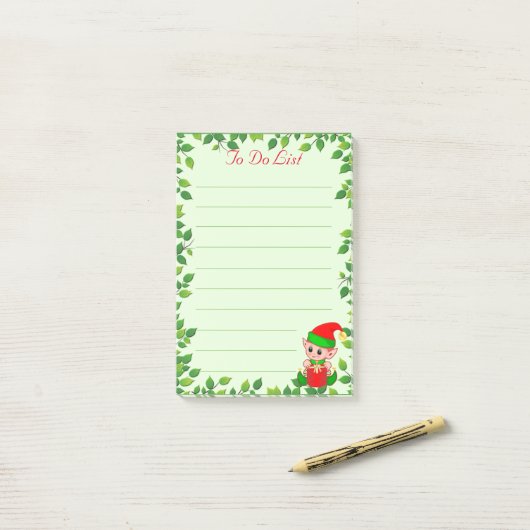 Cute Little Elf & Green Leaf Lijst on Green Lined Post-it® Notes (Op bureau)