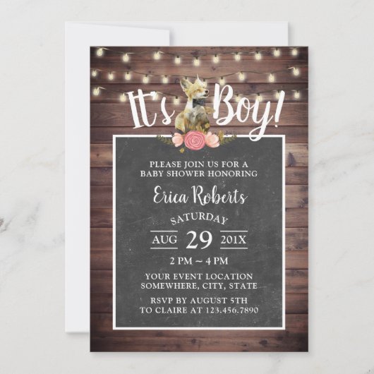 Cute Little Fox Boy Rustic Chalkboard Baby shower Kaart (Voorkant)