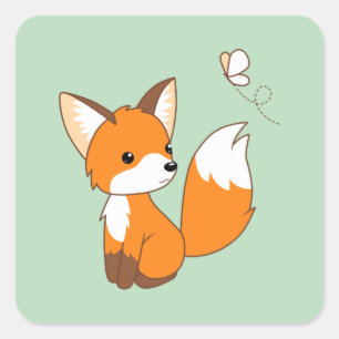 Cute Little Fox die Butterfly bekijkt op Green Vierkante Sticker