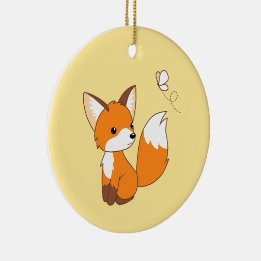Cute Little Fox die Butterfly op Yellow bezoekt Keramisch Ornament (Rechts)