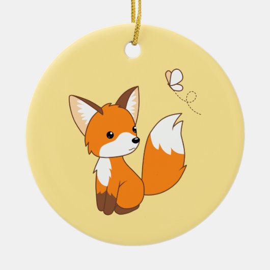 Cute Little Fox die Butterfly op Yellow bezoekt Keramisch Ornament (Voorkant)