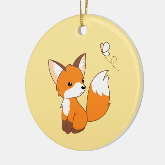 Cute Little Fox die Butterfly op Yellow bezoekt Keramisch Ornament (Links)