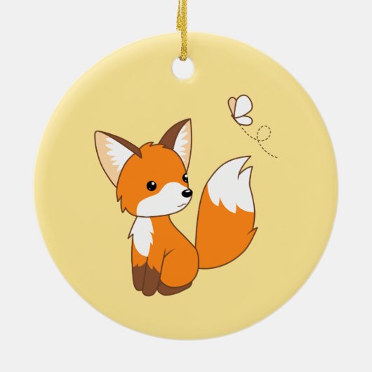 Cute Little Fox die Butterfly op Yellow bezoekt Keramisch Ornament (Achterkant)