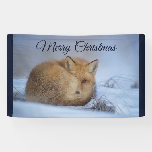 Cute Little Fox gekruld op Winter Foto Kerstmis Spandoek (Horizontaal)